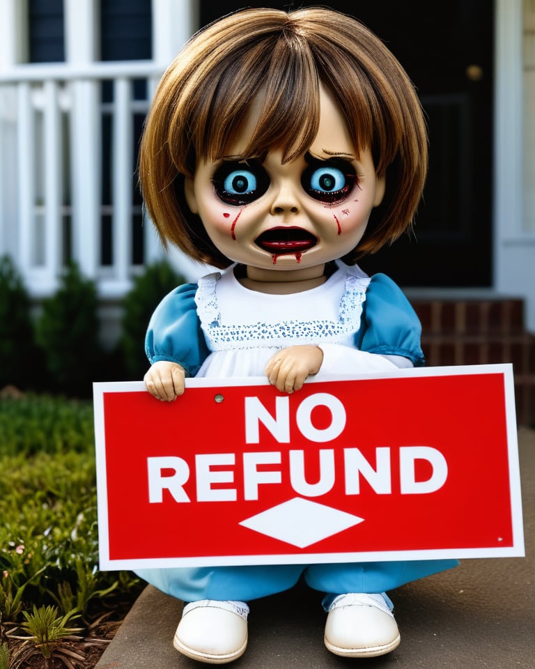 A crying Annabelle doll, with a sign that says "NO-REFUND"