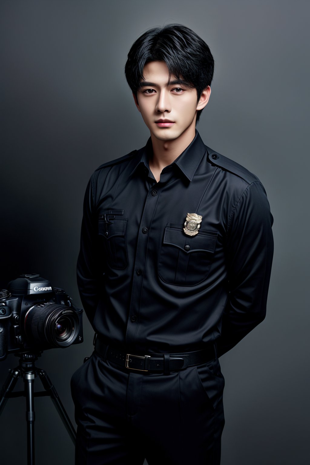 (((best quality, masterpiece, ultra-detailed, high quality photography, Canon EOS R3, photorealistic, fashion photography, fashion pose, Dark))), 1boy, handsome detailed face, short black hair, dressed in a crisp Japanese police officer uniform, confident stance, shining badge, leather belt with accessories, beauty and aesthetic, solo, abstract dark gray background.