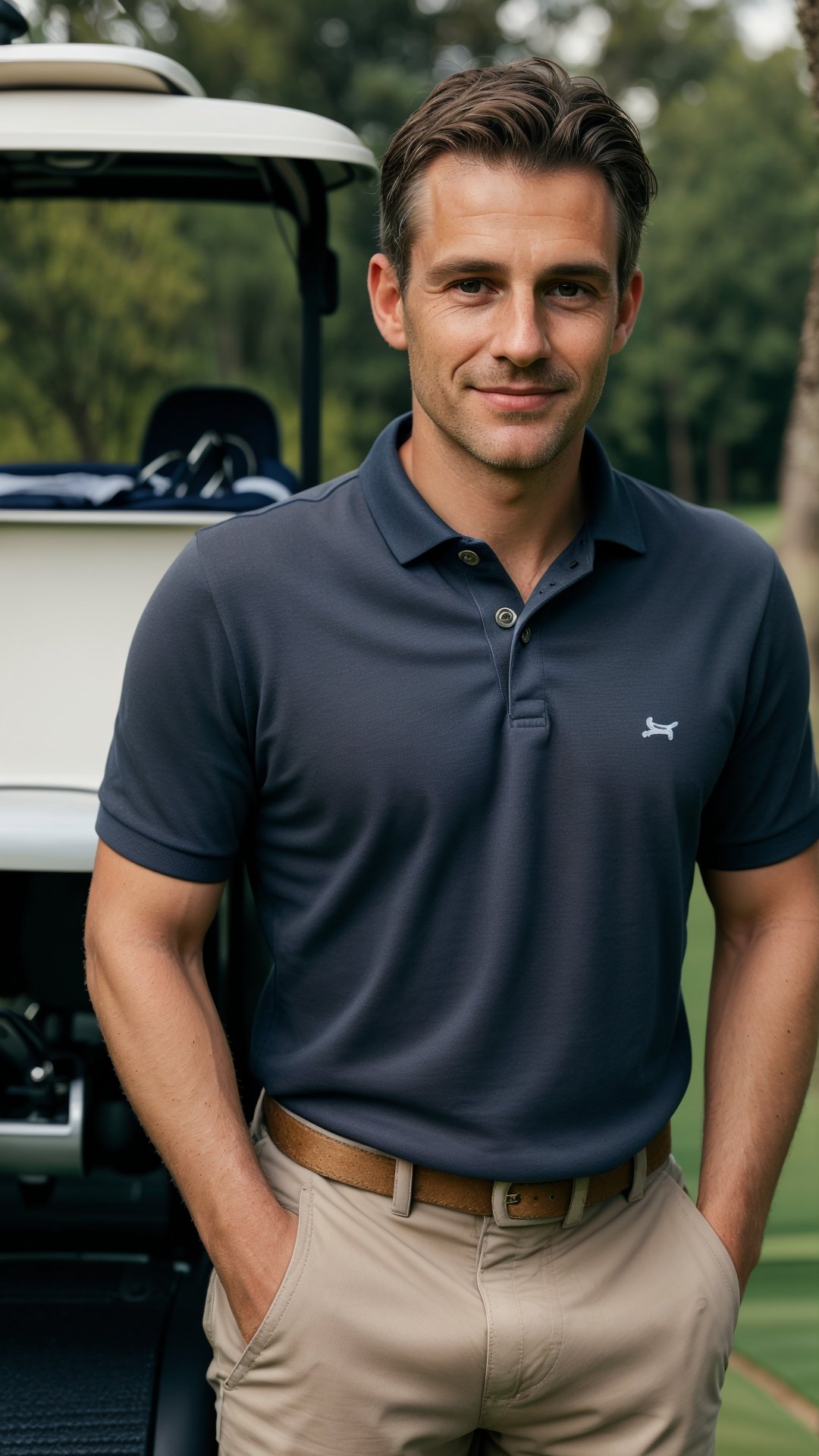 Generate a hyper-realistic image of a man with short, neatly styled salt-and-pepper hair and a clean-shaven face. He is wearing a navy blue polo shirt and beige chinos. His expression is relaxed and friendly, with a broad smile. His gaze is directed towards the viewer. He is standing on a golf course, with one hand holding a golf club and the other hand resting on a golf cart.