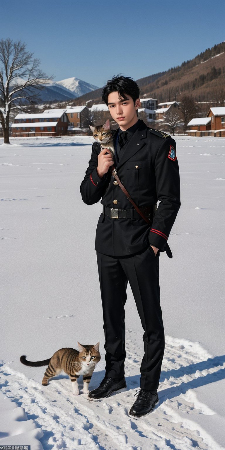 handsome male soldier, 20yo, black hair, blue eyes, sharp eyes,, holding a cat,,idol face, flash, trendy, school campus, daytime, snow ground, windy.