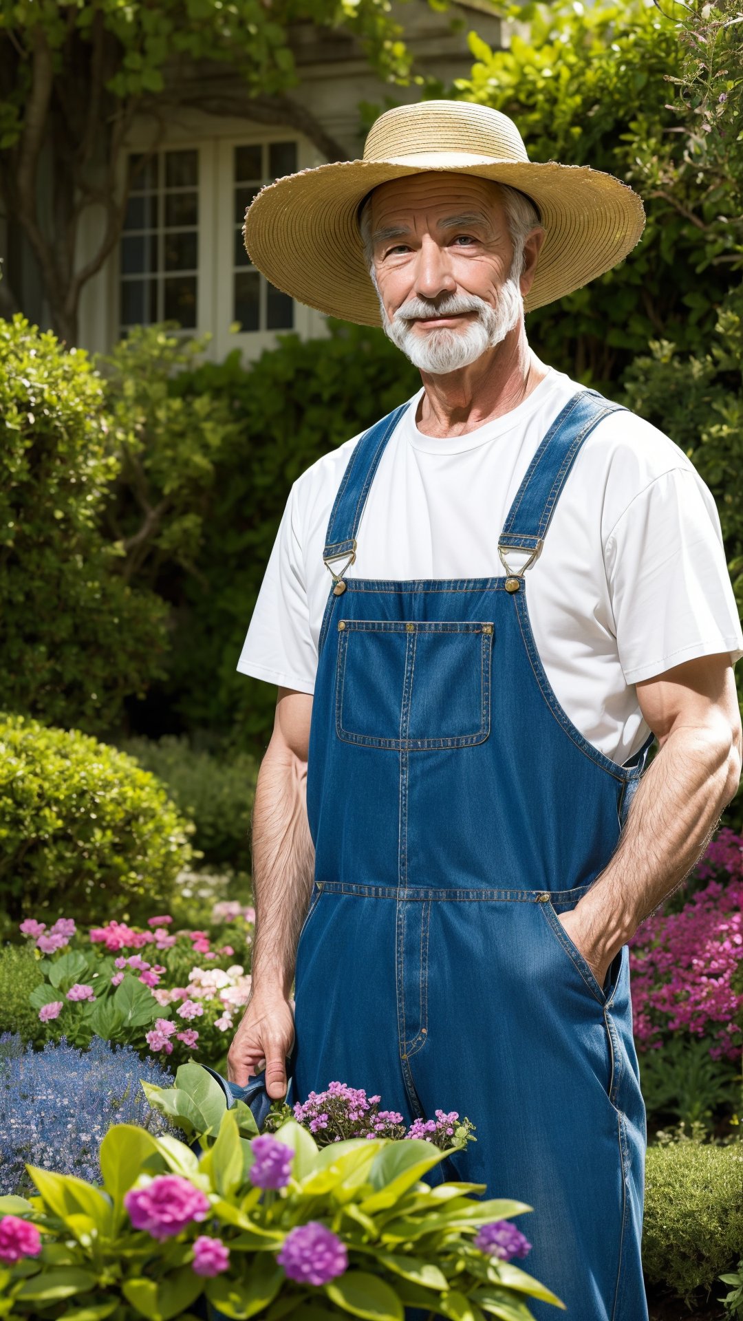 Handsome Older White Gardener: A ruggedly handsome older white gardener in his late 50s, dressed in work overalls and a wide-brimmed hat, tending to vibrant flowers in a beautifully landscaped garden.