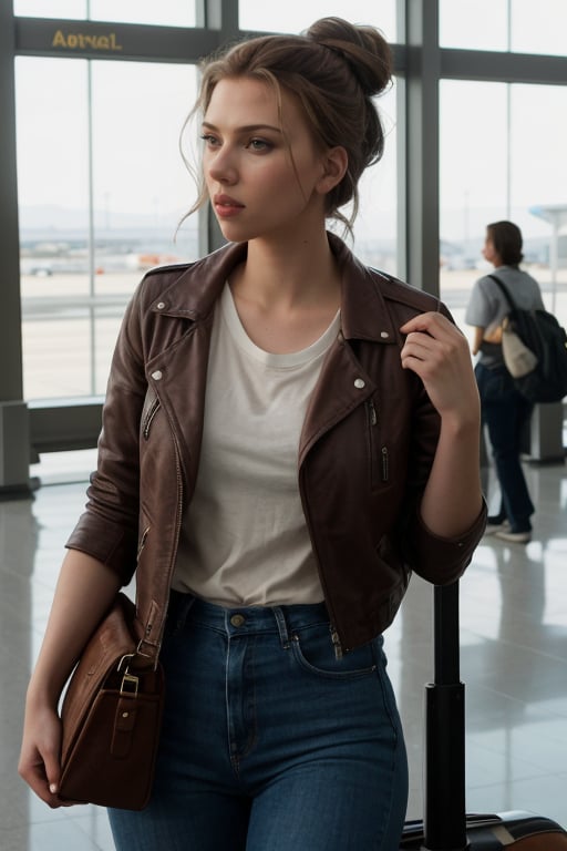 A hyperrealistic photo of Scarlett Johansson at an airport, wearing a comfortable and casual look: a brown leather jacket, blue jeans, and a basic white t-shirt. She is wearing a black backpack and looking at the sky, with a pensive expression. Her hair is tied in a casual bun, and natural light streams in through the airport window. The image captures Scarlett's natural beauty in a peaceful and reflective moment