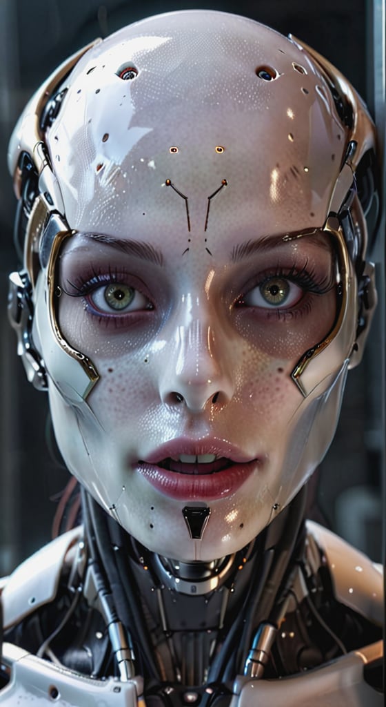 A raw photo of an evil alien robot, fine lines, faded freckles, very detailed skin, moist lips, long eyelashes, a clear separation between lips and teeth, cinematic style, absolute realism, bright colors and contrasts. Magnificent, heavenly, sinister, cinematic, epic, majestic, magical, fantasy photography, clear and realistic