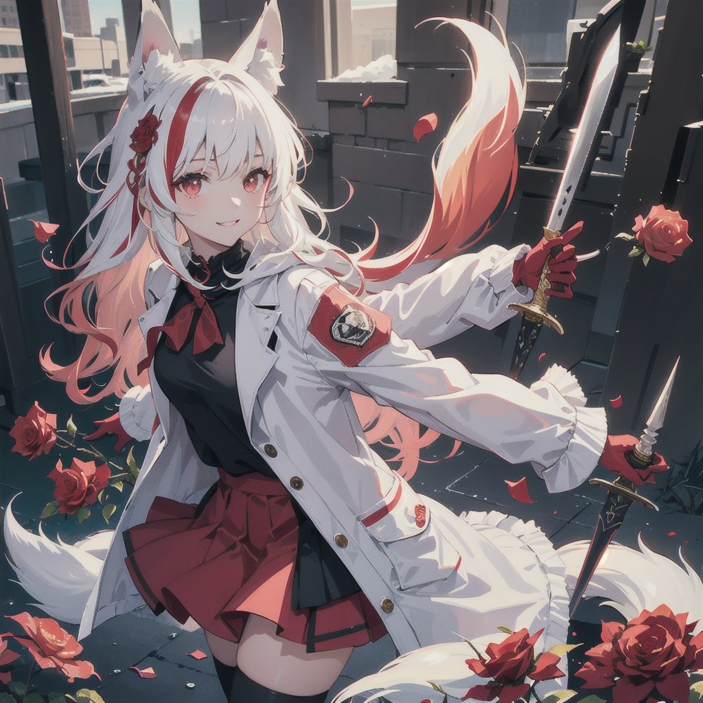 1girl, solo, looking at viewer, smile, red eyes, thighhighs, gloves, long sleeves, holding, animal ears, jacket, tail, weapon, braid, flower, white hair, red hair, multicolored hair, sword, black thighhighs, streaked hair, coat, animal ear fluff, fox ears, fox tail, rose, wolf ears, white jacket, red flower, fox girl, side braid, wolf tail, red gloves, red rose, wolf girl, holding flower