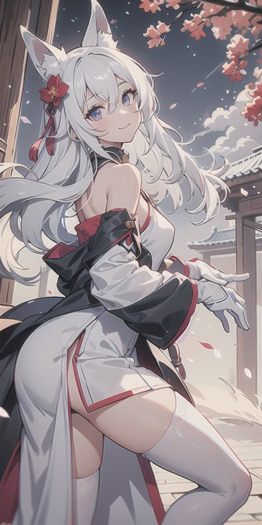 1girl, solo, white hair, long hair, looking at viewer, smile, bangs, blue eyes, brown hair, hair accessory, stockings, gloves, dress, holding, bare shoulders, closed mouth, standing, elbow gloves, white dress from the side, night, hanfu, hanfu, hand fan, holding fan, architecture, east asian architecture, animal ears, hair between eyes, bare shoulders, closed mouth, standing, purple eyes, collarbone, coat, white tail, white hair, small amount of red hair, colorful hair, outdoor, cardigan, striped fur, plush animal ears, see-through, hands on hips, sleeves above wrists, fox ears, fox tail, white shoes