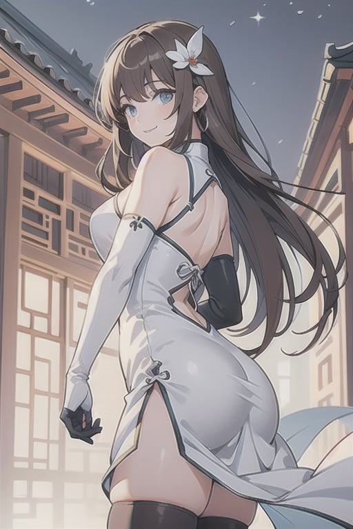 1girl, solo, long hair, looking at viewer, smile, bangs, blue eyes, brown hair, hair ornament, thighhighs, gloves, dress, holding, bare shoulders, closed mouth, standing, elbow gloves, white dress, from side, night, chinese clothes, china dress, hand fan, holding fan, architecture, east asian architecture