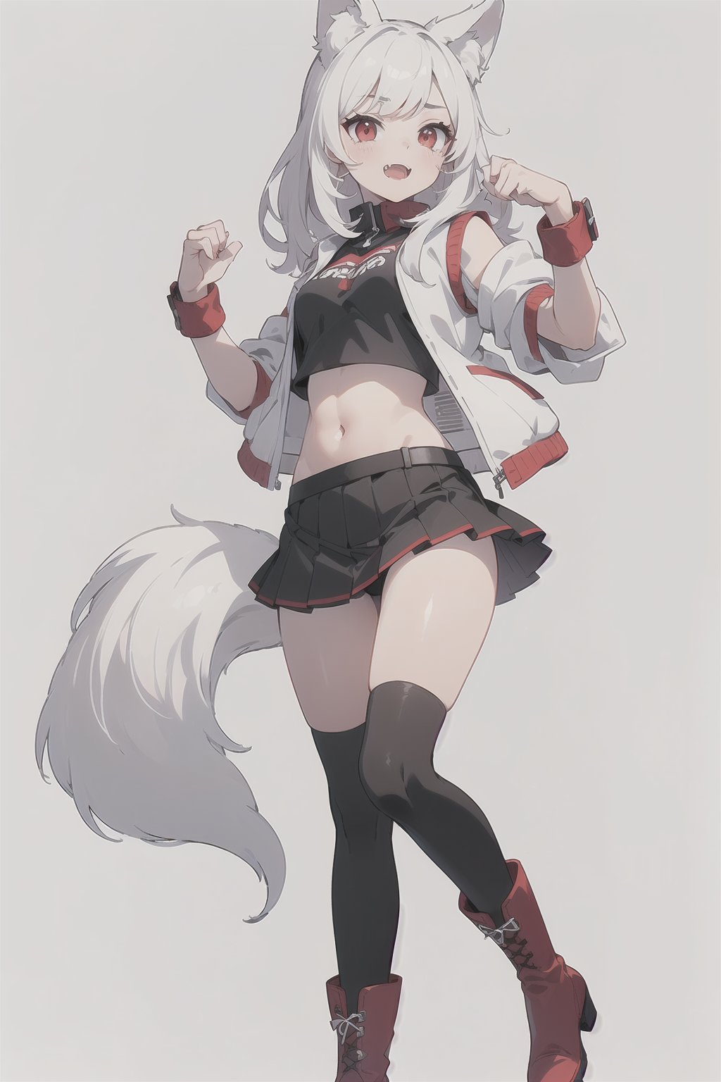 Image quality (masterpiece, best quality, 1girl, solo, highhighsmasterpiece, photorealism, high resolution, perfect detail, super detailed, (4k), excellent clarity, vivid colors,), Characters: (1girl, monster girl, Umy, Chinese virtual Youtuber, wolf girl, tail, dog tail, wolf tail, dog ears, wolf ears, fangs, fangs, red eyes, long hair, white hair, colored undercoat, She has a red and white wolf tail (with undercoat, white wolf ears, light pink gradient), Clothing: (Stomach-baring outfit, navel-baring outfit, black vest, fur red jacket, wrist cuffs, pleated skirt, tights, black stockings, red and white boots, red and white sole boots, red and white shoes, red and white sole boots, boots , boots, red and white sole boots, bangs, belt, navel-baring outfit, navel-baring outfit,), Background: (standing on stage)