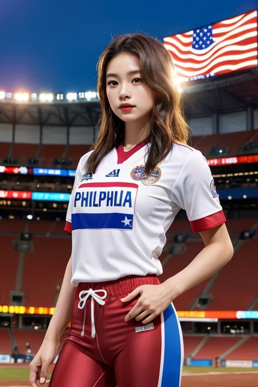 Triumphant Filipina-Korean tween athlete wearing a detailed sports uniform with PANTS stands confidently in the grandeur of a lit-up stadium, surrounded by the vibrant colors of the flag of the Philippines majestically draping behind her. Strong lighting casts a warm glow on her sweat-drenched skin as she lifts weights, framed by the imposing architecture of the stadium's structure. Her triumphant gaze and confident posture radiate determination and excellence.