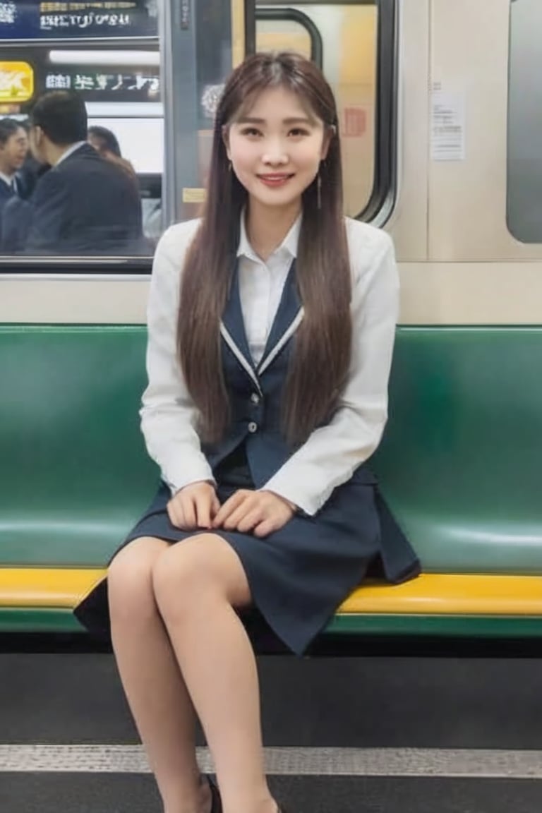 (Best quality, 8k, 32k, Raw photo, Realism, shy smiles Photorealistic), Photo of full body of super beautiful Asian girl with long straight hair, sitting,  perfect skin, show, wearing office formal uniform, indoor, on the way to office in subway train, photorealistic, MORE REASONABLE DETAILS,,extremely detailed,ENHANCE XL,4k,ENHANCE Facial details