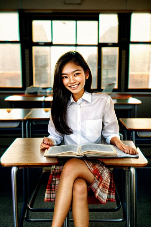 (Best quality, 8k, 32k, Raw photo, Realism, shy smiles Photorealistic), Photo of full body of slender beautiful 15-year-old Asian girl with long straight hair in frontal view of the viewer casually sitting at schoold desk, perfect skin, wearing white school uniform, in classroom, more reasonable details,extremely detailed