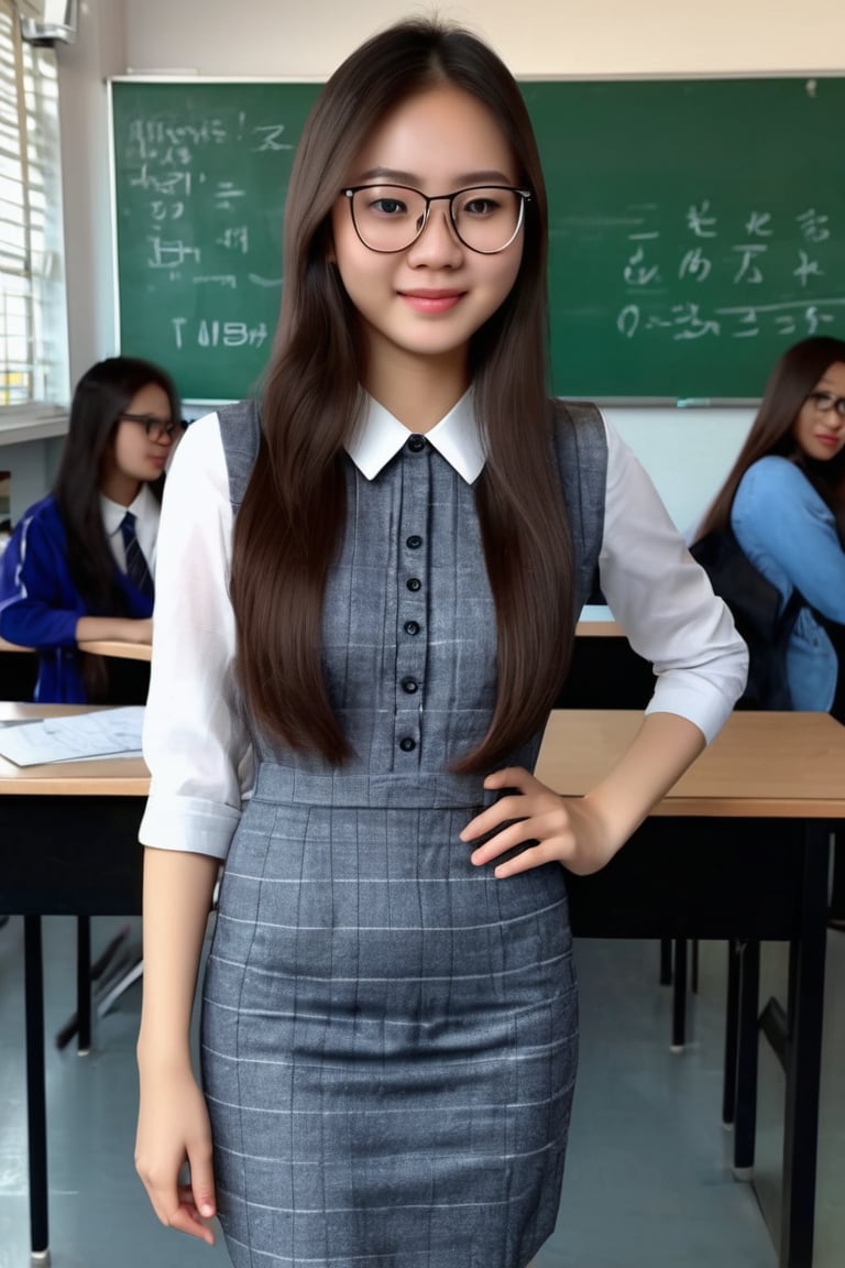 (Best quality, 8k, 32k, Raw photo, Realism, shy smiles Photorealistic), Photo of full body of slender beautiful 22-year-old Asian girl with long straight hair in frontal view of the viewer casually standing, perfect skin, wearing casual office dress and eyeglasses, in classroom, more reasonable details