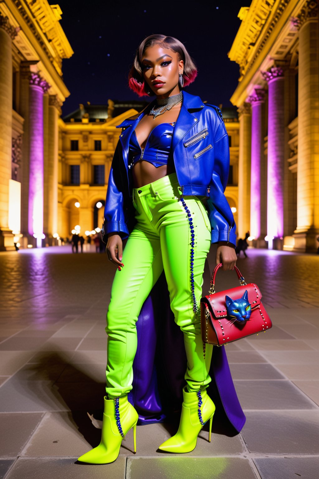 Moonlit Nights at the Louvre: A stunning African American woman, 27 years old, with glam makeup and purple highlights in her bob cut hair, gazes confidently towards the camera. Her beautiful brown eyes sparkle under the soft glow of the moonlight. She wears streetwear clothing, highlighted by neon green high-heeled boots and a red leather jacket adorned with a Japanese-style demon on the back, studded with rubies. A cat pendant, studded with sapphires, hangs from her neck. In her hand, she holds a Hermès bag. Behind her, a majestic Mustang Hellcat model gleams in royal blue, with yellow LED lights underneath. The woman poses like a model, with her legs and body showcased against the sleek car's backdrop.