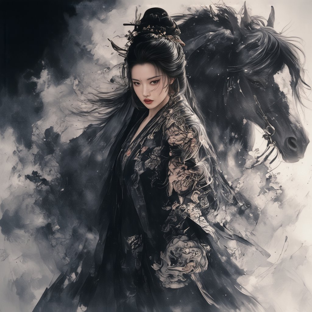 A powerful warrior-woman stands tall, draped in a flowing black coat with intricate designs resembling traditional Chinese tattoos. Her confident stance and bold pose are captured through dynamic brushstrokes and expressive forms, reminiscent of Xu Beihong's style. David Finch's influence is seen in the dramatic lighting, casting shadows that accentuate her features. In the background, a majestic horse rears up, its powerful muscles depicted in bold, graphic lines. The fusion of traditional Chinese painting techniques with modern comic book art results in a unique, tattoo-inspired illustration.