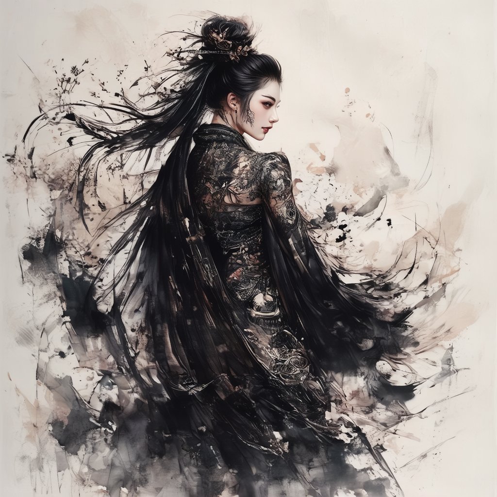 A stunning warrior-woman stands majestically, draped in flowing black coat with intricate designs evoking traditional Chinese tattoos. Brushstrokes and forms burst with energy, echoing Xu Beihong's bold style.