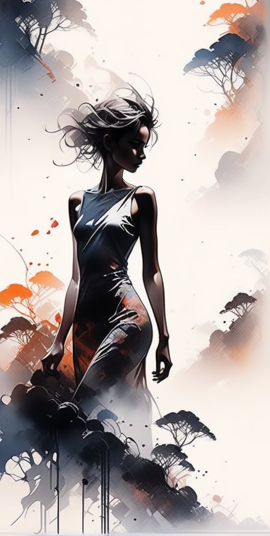 So sexy and hot, beautiful and sensual woman ,  Silhouette medium_up an beautiful and elegant woman in thick fog,  slender, sensual, masterpiece, ink art