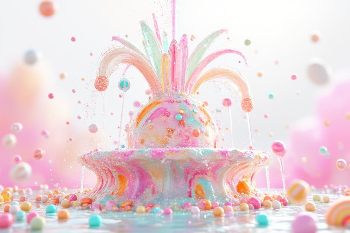 In this whimsical scene, a majestic fountain erupts with flowing Candy - intricately crafted from sugary delights in various hues. In the vibrant Candy Crush world, 3D models of colorful sweets swirl around the central spout, as if frozen in time. The EyeCandy image boasts stunning 4K resolution, with each candy piece and water droplet rendered in exquisite detail. A kaleidoscope of colors dances across the scene, set against a crisp white background, inviting the viewer to indulge in this sweet fantasy.