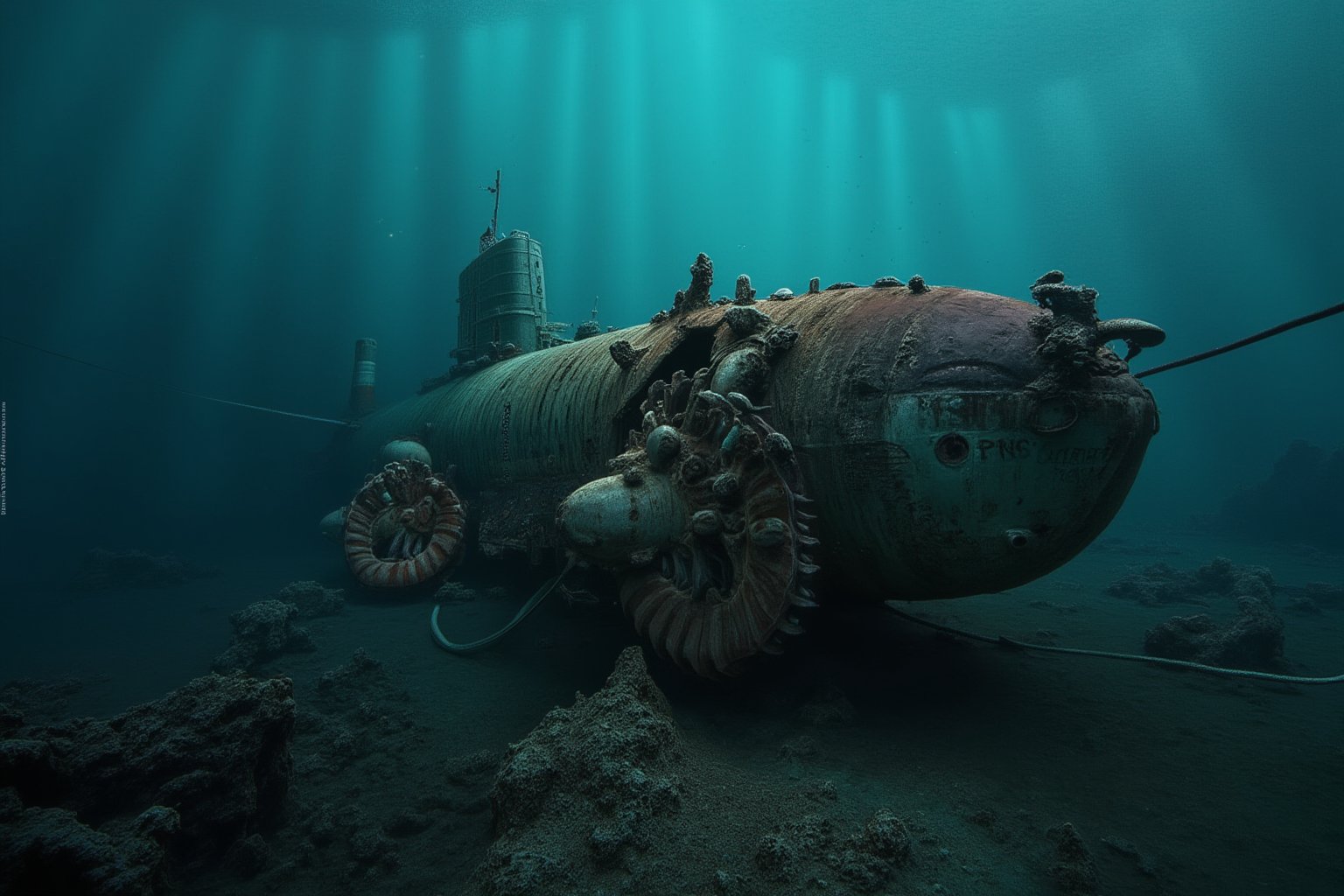 A masterpiece realistic image of a submarine wreck in the depth of the oceans, covered in deep ocean mud, silt and heavy fish nets over the years. The submarine is of old Tench American class of 1963. A huge exploded scattered hole may been seen on the hull of the submarine with steel pieces scattered around the wreck, wrinkled bent steel hull may be visible. Words "PNS GHAZI" is written in white on the submarine hull stern rear end, with all submarine propellers seen intact. Rays of light falls from the ocean top, revealing the submarine fallen in a deep ocean valley, 4K, ultra realistic.