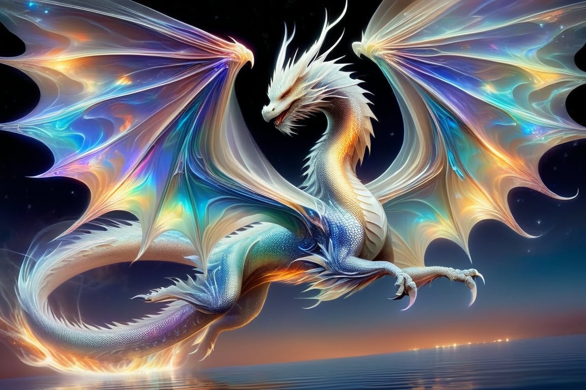 echmrdrgn western dragon, it's full body is iridescent splendour, semi-transparent  brown and glowing opalescence, razor sharp talons and teeth, glorious wings, long whiskers, over water background, full body, at night, starry sky, moonlight reflections, emmitting huge fire flame front facing.