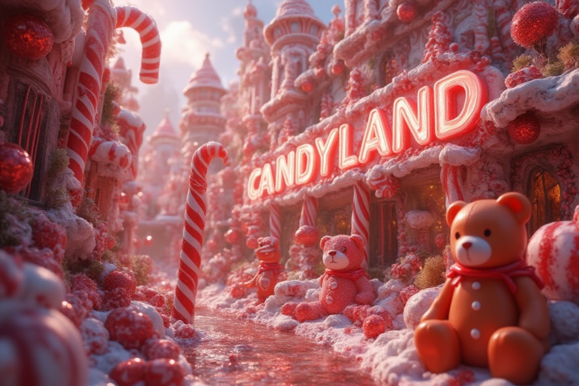 In a whimsical eye-level view, an 8K ultra-realistic rendering captures the enchanting realm of Candyland. Towering candy canes, as tall as skyscrapers, stretch towards the sky like sugary giants. Ginger Man and giant gummy bears frolic amidst swirling sweets and chocolates waterfalls. Translucent text CANDYLAND glows in colored gel, suspended within a misty haze.,FluxBoost