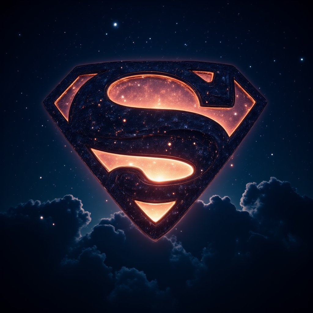 As in scene, a powerful image of Superman symbol projected in the night sky , in poster form, high resolution, 4k,worms eye view.,aidmaGlow