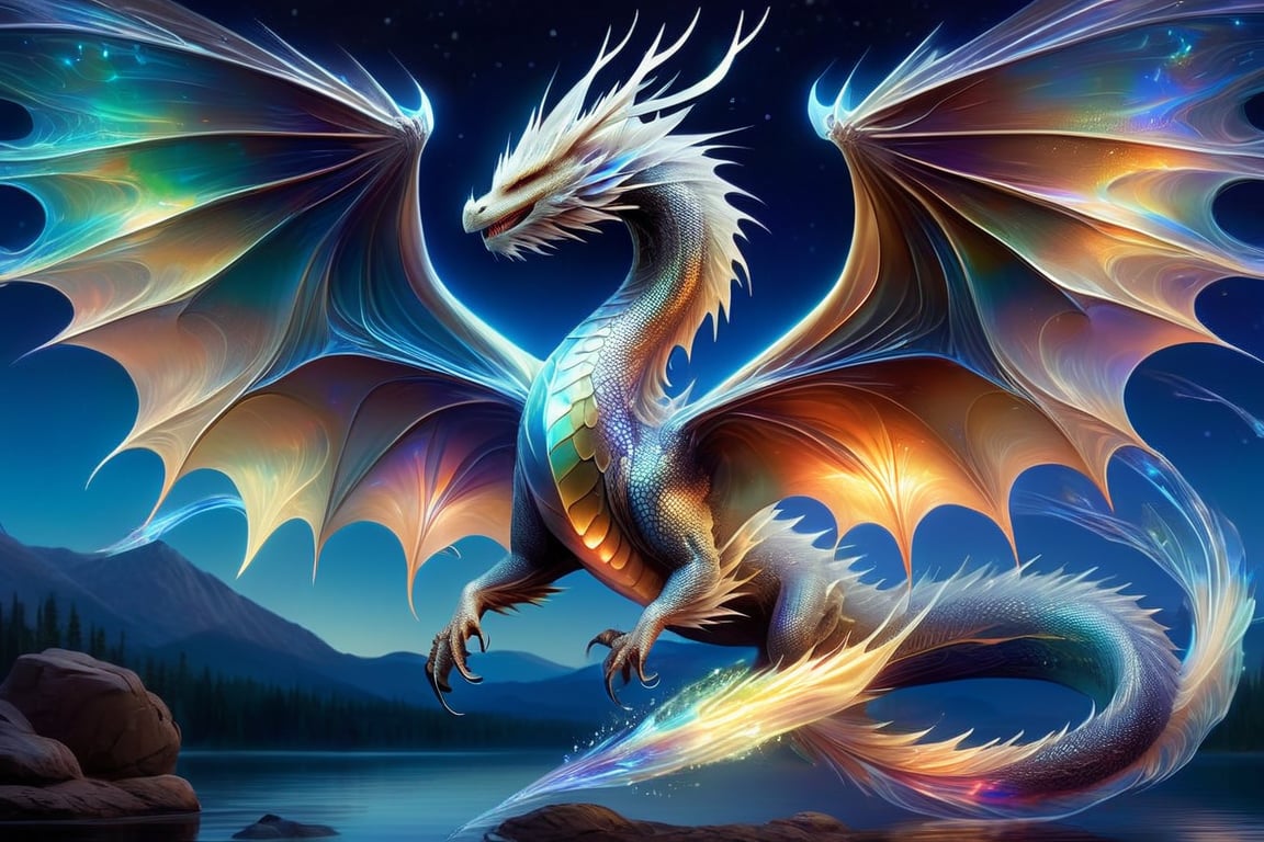 echmrdrgn western dragon, it's full body is iridescent splendour, semi-transparent  brown and glowing opalescence, razor sharp talons and teeth, glorious wings, long whiskers, over water background, full body, at night, starry sky, moonlight reflections, emmitting huge fire flame front facing.