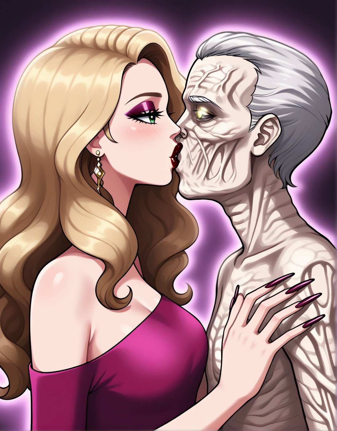 Sexy  beautiful elegant rich luxurious teenage fashion model woman with dark red lips,long eyelashes,long wavy curly blonde hair, open  eyes,smokey eyeshadow wearing fashionable fancy shoulderless full sleeve crop top revealing flat belly, kissing a teenage malnourished old man with white hair.skeletal_husk,draining kiss. (Woman cupping man's face in her hands).(man wearing shirt).closeup.((extremely long nails.)). Park background.detailed background. Cute.2d webtoon.vivid colors.woman passionately deeply kissing man.sideview.(glowing glittery sparkling pink aura outline swirling around),dark aura