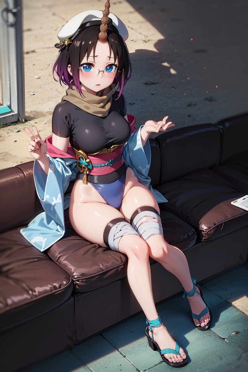 Elma has short black hair dyed purple at the ends, and a long spiral unicorn horn (which she can freely hide), she has blue eyes, wears round glasses, and wears a light brown scarf with a leotard. dark blue (sometimes black), She wears a purple kimono, with a navy blue obi over it, with the cap buttoned down, She has bandages around her legs and sandals, Her train is cobalt blue and turquoise (which can be hidden freely ), carries a long brown trident,elma,cammystretch,elma joui