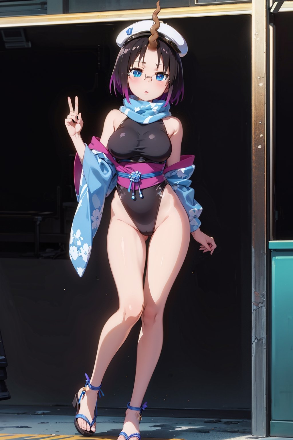 Elma has short black hair dyed purple at the ends, and a long spiral unicorn horn (which she can freely hide), she has blue eyes, wears round glasses, and wears a light brown scarf with a leotard. dark blue (sometimes black), She wears a purple kimono, with a navy blue obi over it, with the cap buttoned down, She has bandages around her legs and sandals, Her train is cobalt blue and turquoise (which can be hidden freely ), carries a long brown trident,elma,cammystretch,elma joui