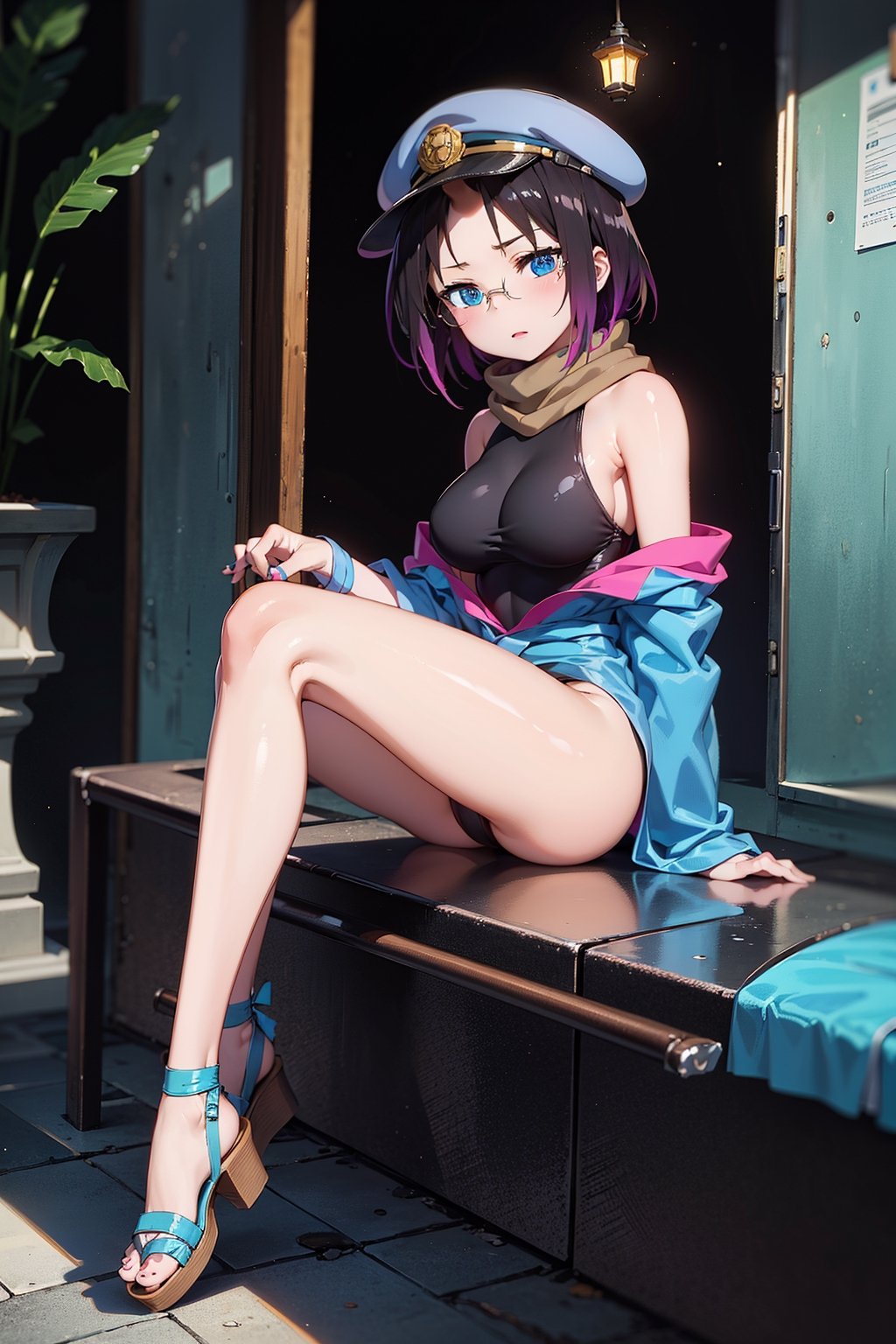 Elma has short black hair dyed purple at the ends, and a long spiral unicorn horn (which she can freely hide), she has blue eyes, wears round glasses, and wears a light brown scarf with a leotard. dark blue (sometimes black), She wears a purple kimono, with a navy blue obi over it, with the cap buttoned down, She has bandages around her legs and sandals, Her train is cobalt blue and turquoise (which can be hidden freely ), carries a long brown trident,elma,cammystretch,elma joui