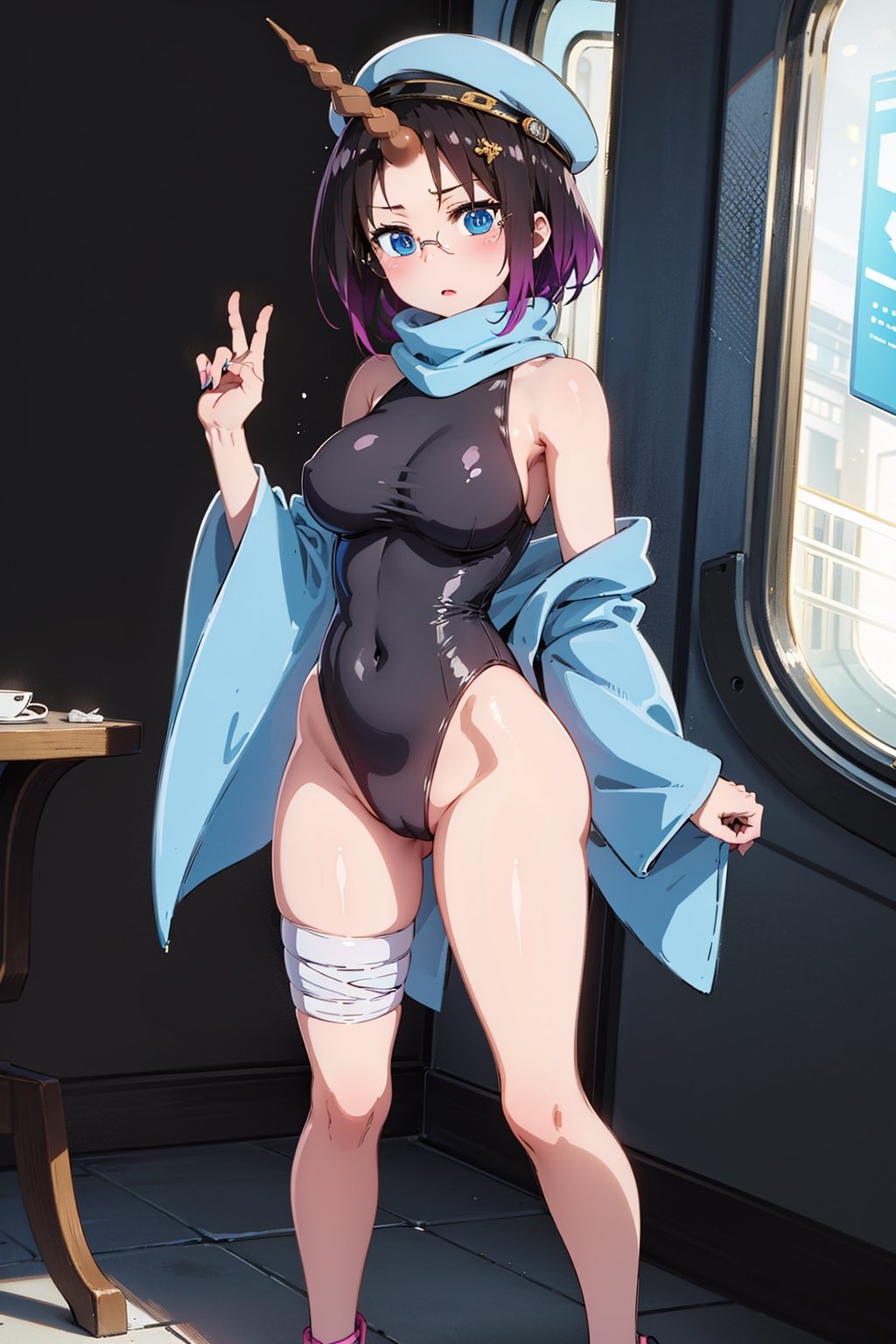 Elma has short black hair dyed purple at the ends, and a long spiral unicorn horn (which she can freely hide), she has blue eyes, wears round glasses, and wears a light brown scarf with a leotard. dark blue (sometimes black), She wears a purple kimono, with a navy blue obi over it, with the cap buttoned down, She has bandages around her legs and sandals, Her train is cobalt blue and turquoise (which can be hidden freely ), carries a long brown trident,elma,cammystretch,elma joui