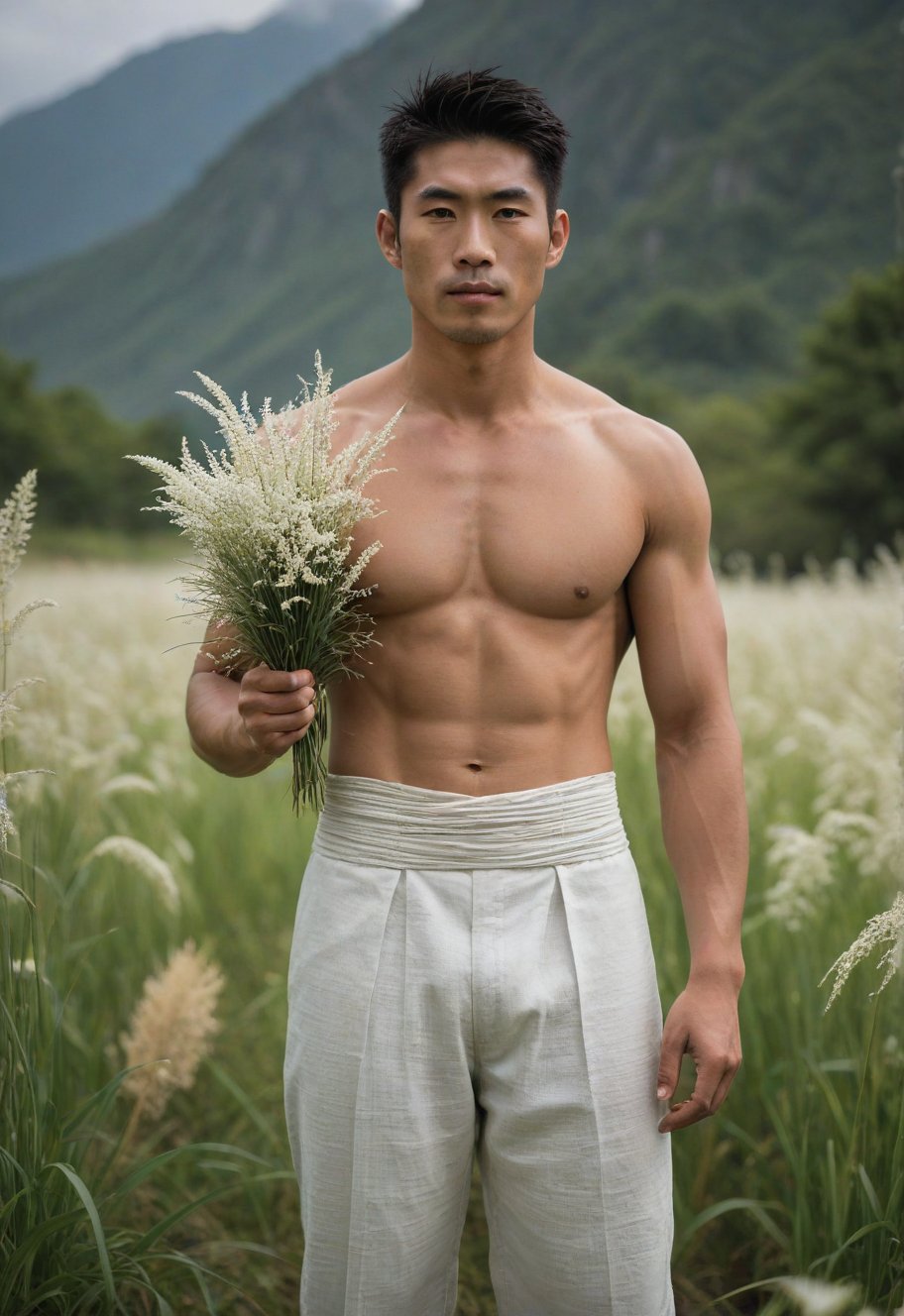 A serene 29-year-old Japanese man, standing tall at Field of Imperata cylindrica with delicate white flowers, his luminous complexion radiates a subtle sheen. Dampened by exertion, his attire clings to his toned physique. Majestic mountains tower in the misty background, their peaks shrouded in serenity. The subject's dynamic pose exudes vitality within the harmonious golden ratio composition.