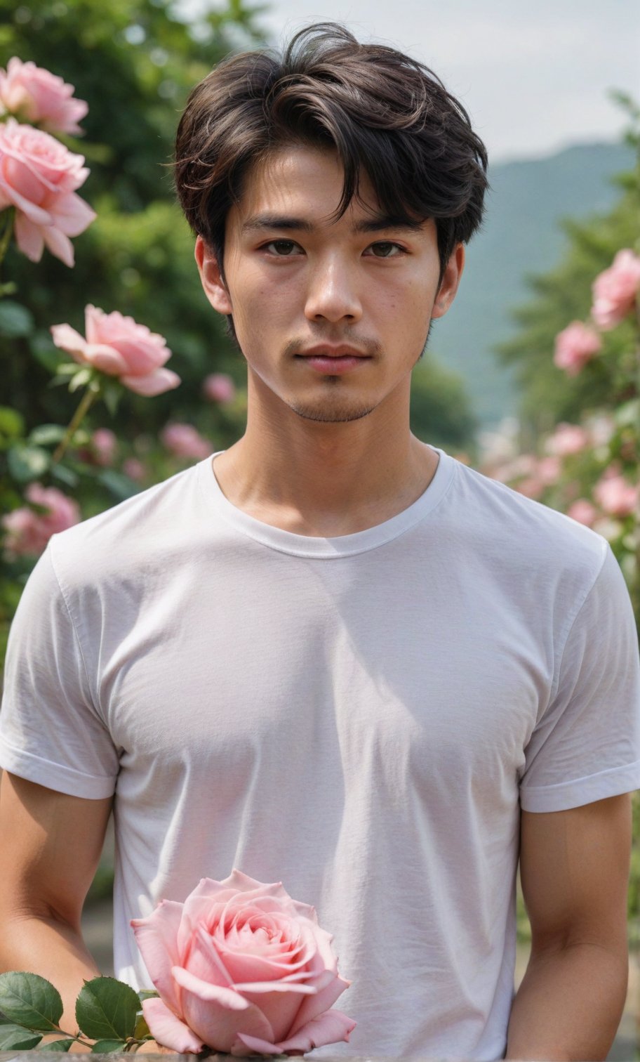 solo, looking at viewer, short hair, shirt, black hair, 1boy, white shirt, upper body, flower, short sleeves, male focus, outdoors, day, blurry, black eyes, blurry background, rose, facial hair, t-shirt, pink flower, bouquet, realistic, pink rose,Handsome  Taiwanese