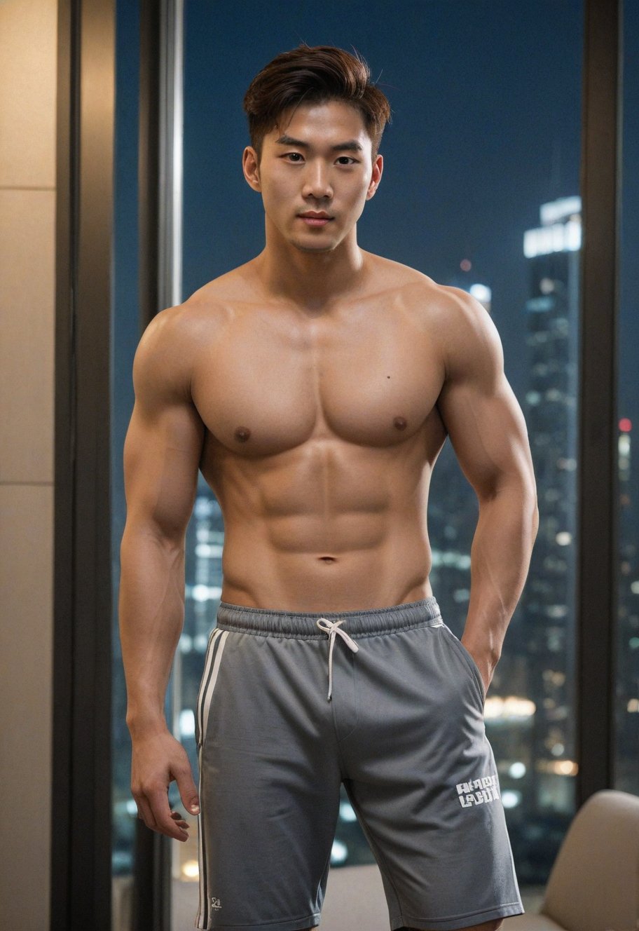 A handsome young man with a Korean-looking face, 29 years old, healthy libs, in a tall building, the backdrop is a mirror with a view from a tall building, healthy with Sixpack, looks Cheeky, mischievous, naughty_face, the lighting looks alluring, model, male soccer's pants model, photo shoot, upper_body ,strict physical rendering, good white balance and contrast