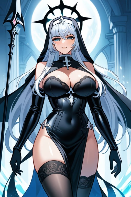 A dark fantasy scene featuring a gorgeous elf girl clad in a striking blend of nun attire and a tactical suit, her expression seething with anger. She grips a long, ornate spear with unwavering determination, ready to strike. The fusion of her sacred robes with tactical gear emphasizes a powerful juxtaposition of divine duty and combat readiness. The dark, foreboding environment, shrouded in shadow and mist, heightens the sense of impending conflict. Her fierce, piercing gaze and the menacing glint of her spear create a captivating contrast between her ethereal beauty and the intense, vengeful energy she exudes in this haunting, mystical world.,thighhighs,black dress,rating_explicit