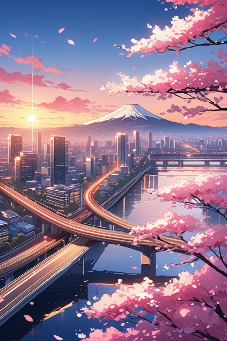  high details, high qualitt, beautiful, awesome, wallpaper paint art, Sakura blossom tokyo, sunset