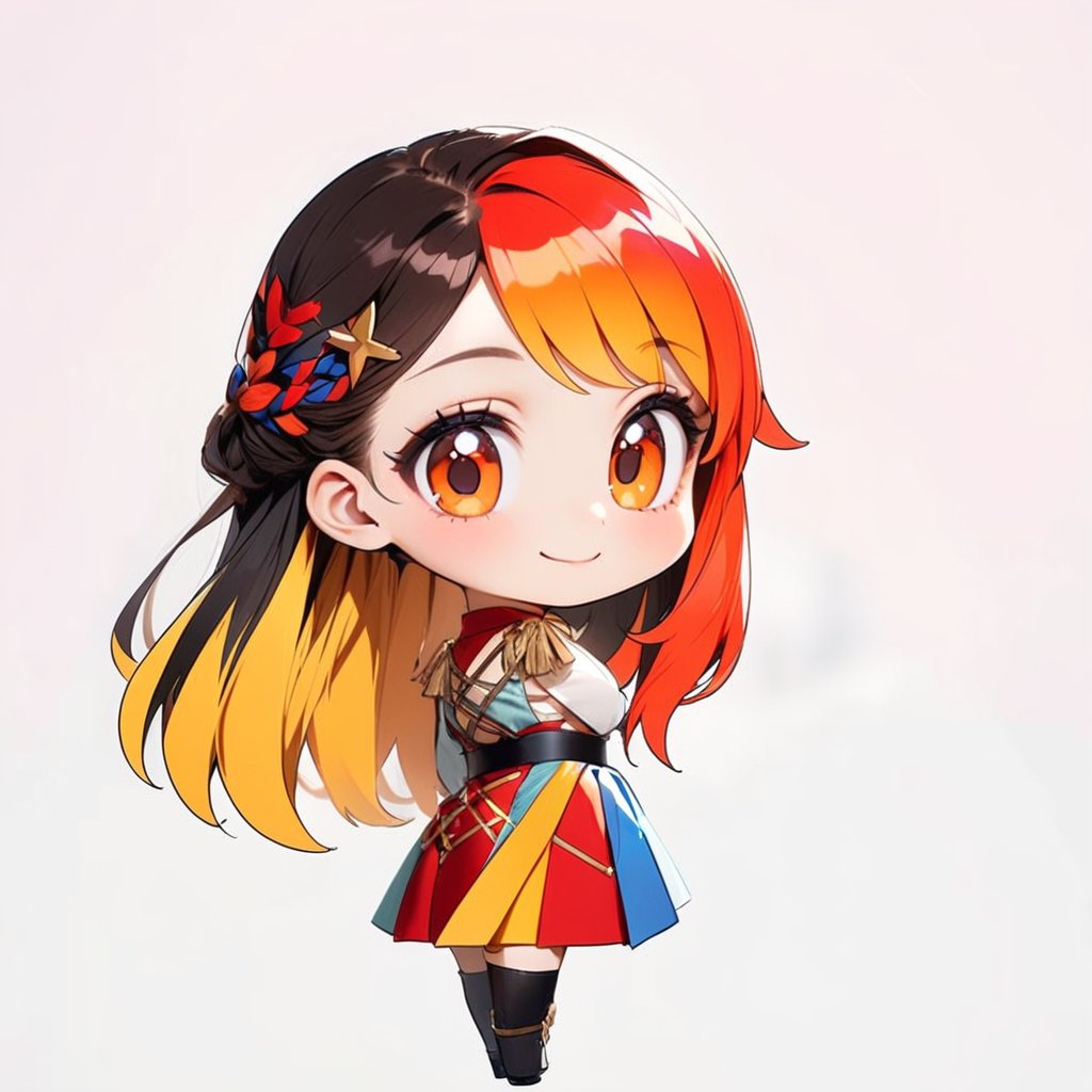 ((chibi)), no background, 2D, 1 girl, 20years old, long hair,  colorful_hair, 唐朝, large eyes, brown eyes, always smiling, 绿色的唐服,红腰带,有趣的表情,chibi