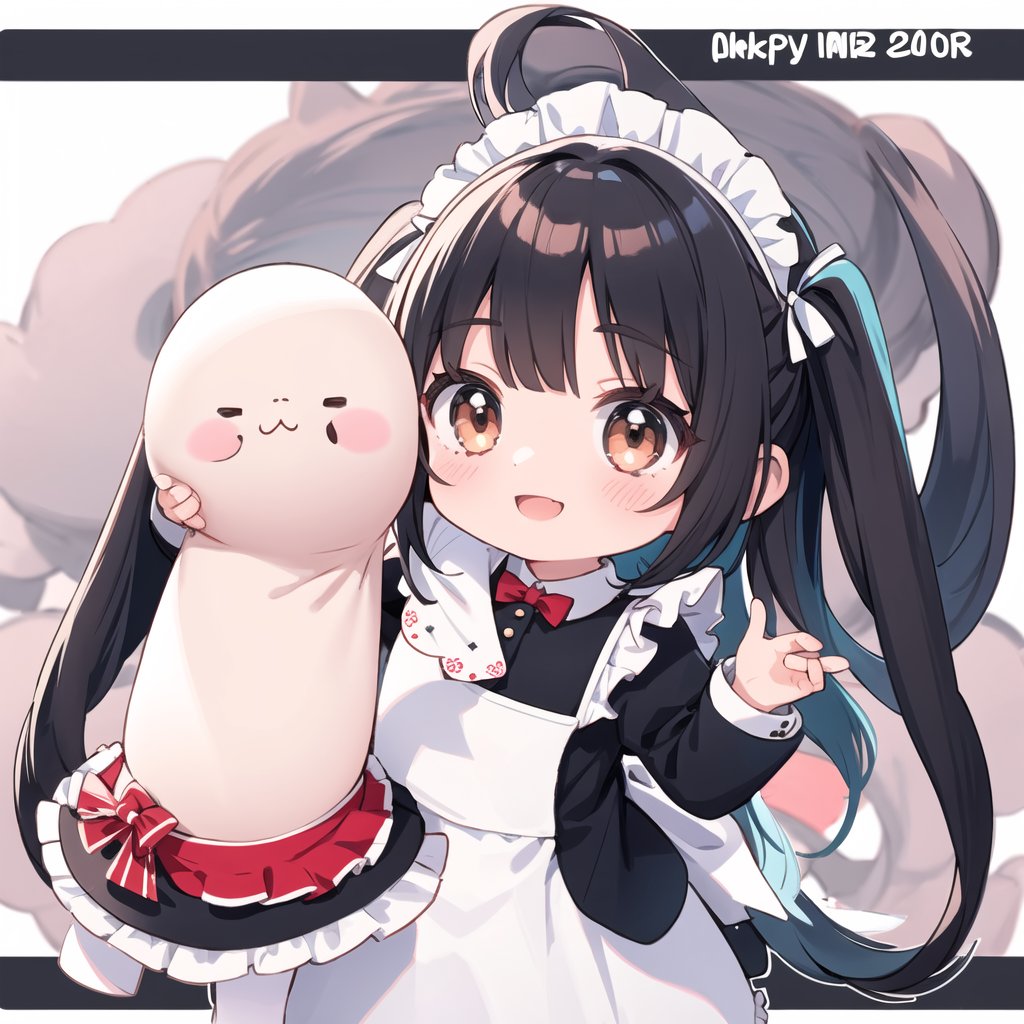 ((chibi)), white background, 2D, 1 girl, 20 years old, long hair, black hair, Maid uniform, large eyes, brown eyes, always smiling, standing at chibi