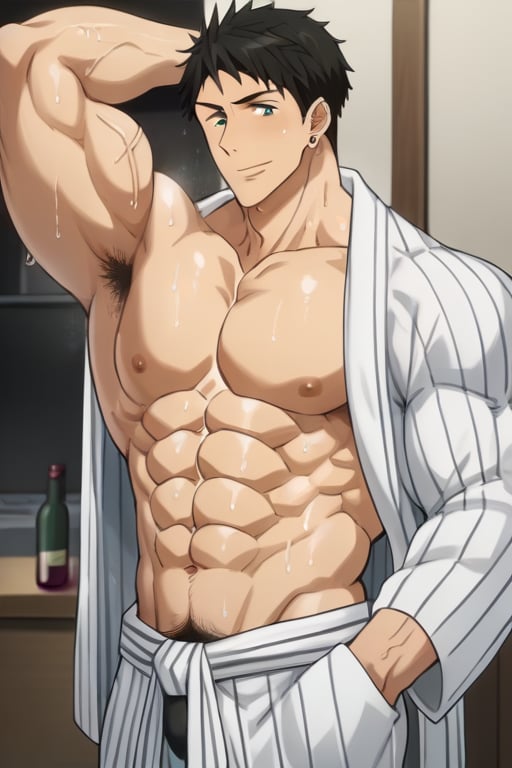 score_9_up, score_8_up, BREAK source_anime, anime screen cap, sexy pose, solo, sousuke_yamazaki, black hair, green eyes, ear piercing, pubic hair,sweat, big muscle, abs, bodybuilder, bushy armpit hair, sweaty, soft smirk, large pectorals, muscular, sexy, pecterals, abs, vein muscles, sweaty skin, hyper muscular male leaning on the floor with stretched legs, aroused face, tongue out, anime eyes, , wearing open yukata, pulling yukata, Fundoshi, hyper bulge, in the Japanese room, wine bottle,masterpiece, best quality,4k, stubble