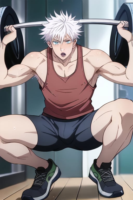 score_9, score_8_up, score_7_up, masterpiece, best quality, close up, lots of details, ((1man)), solo, Gojo Satoru ,hair between eyes, white hair,short hair,blue eyes,colored eyelashes,lean muscle, white bushy armpit hair, plump pectorals, vein muscles, face freckles, male focus, man wearing a wet red tank top, stringer shirt with a (low-cut chest:1.1) (extreme low-cut dropped side holes:1.1), sweating, open mouth, heavy breathing, squatting, exercise, weightlifting, barbell on the shoulders, bulge, detailed shading, detailed skin, shaded skin, realistic shading, looking at viewer, Expressiveh, countershading:1.1, Gym, indoors