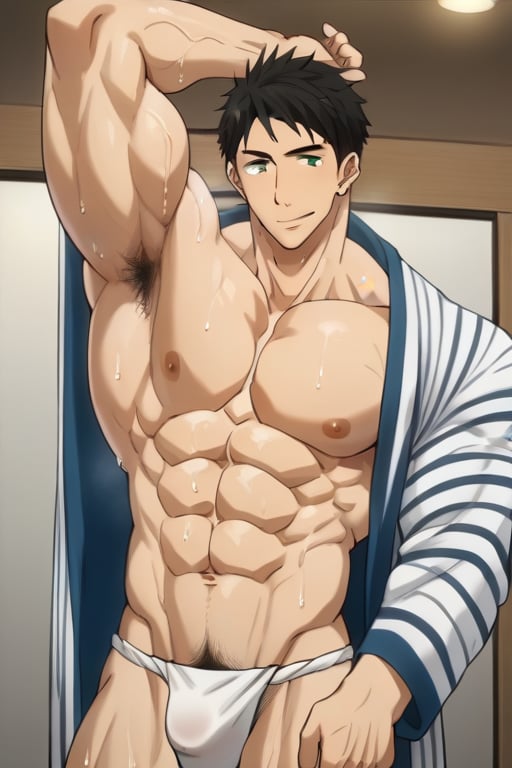 score_9_up, score_8_up, BREAK source_anime, anime screen cap, sexy pose, solo, sousuke_yamazaki, black hair, green eyes, ear piercing, pubic hair,sweat, big muscle, abs, bodybuilder, bushy armpit hair, sweaty, soft smirk, large pectorals, muscular, sexy, pecterals, abs, vein muscles, sweaty skin, hyper muscular male leaning on the floor with stretched legs, aroused face, tongue out, anime eyes, , wearing open yukata, pulling yukata, Fundoshi, hyper bulge, in the Japanese room, wine bottle,masterpiece, best quality,4k, stubble