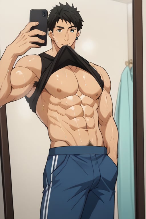 score_9_up, score_8_up, BREAK source_anime, anime screen cap, sexy pose, solo, sousuke_yamazaki, black hair, green eyes, ear piercing, pubic hair,sweat, big muscle, abs, bodybuilder, bushy armpit hair, sweaty, soft smirk, large pectorals, muscular, sexy, pecterals, abs, vein muscles, sweaty skin,oily skin,glistening skin, sexy, flirty, MALE FOCUS, HOLDING PHONE,NIPPLES ,SHIRT LIFT, CLOTHES LIFT, SELFIE ,BLACK tank shirt ,BULGE short ,MALE LARGE PECTORALS, BARECHESTED MALE ,OPEN tank shirt ,HOLDING NAVEL ,FULL BODY , HAND IN POCKET, SHOES ,CELLPHONE ,LIFTED BY SELF ,BARE PECTORALS, REFLECTION, MOUTH HOLD ,masterpiece, best quality , masterpiece, best quality,close up,cartoon