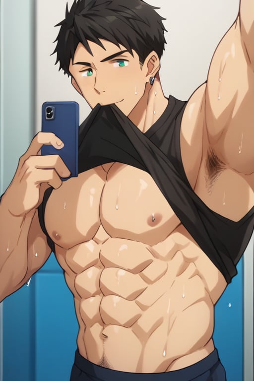 score_9_up, score_8_up, BREAK source_anime, anime screen cap, sexy pose, solo, sousuke_yamazaki, black hair, green eyes, ear piercing, pubic hair,sweat, big muscle, abs, bodybuilder, bushy armpit hair, sweaty, soft smirk, large pectorals, muscular, sexy, pecterals, abs, vein muscles, sweaty skin,oily skin,glistening skin, sexy, flirty, MALE FOCUS, HOLDING PHONE,NIPPLES ,SHIRT LIFT, CLOTHES LIFT, SELFIE ,BLACK tank shirt ,BULGE short ,MALE LARGE PECTORALS, BARECHESTED MALE ,OPEN tank shirt ,HOLDING NAVEL ,FULL BODY , HAND IN POCKET, SHOES ,CELLPHONE ,LIFTED BY SELF ,BARE PECTORALS, REFLECTION, MOUTH HOLD ,masterpiece, best quality , masterpiece, best quality,close up,cartoon