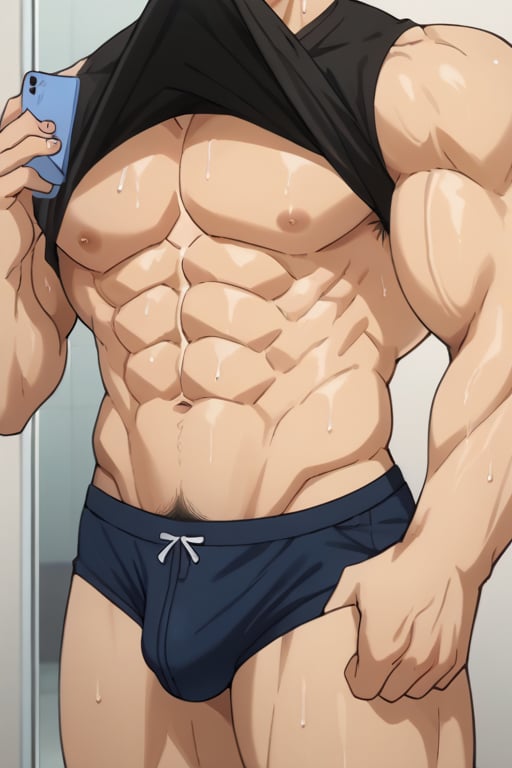 score_9_up, score_8_up, BREAK source_anime, anime screen cap, sexy pose, solo, sousuke_yamazaki, black hair, green eyes, ear piercing, pubic hair,sweat, big muscle, abs, bodybuilder, bushy armpit hair, sweaty, soft smirk, large pectorals, muscular, sexy, pecterals, abs, vein muscles, sweaty skin,oily skin,glistening skin, sexy, flirty, MALE FOCUS, HOLDING PHONE,NIPPLES ,SHIRT LIFT, CLOTHES LIFT, SELFIE ,BLACK tank shirt ,BULGE short ,MALE LARGE PECTORALS, BARECHESTED MALE ,OPEN tank shirt ,HOLDING NAVEL ,FULL BODY , HAND IN POCKET, SHOES ,CELLPHONE ,LIFTED BY SELF ,BARE PECTORALS, REFLECTION, MOUTH HOLD ,masterpiece, best quality , masterpiece, best quality,close up,cartoon