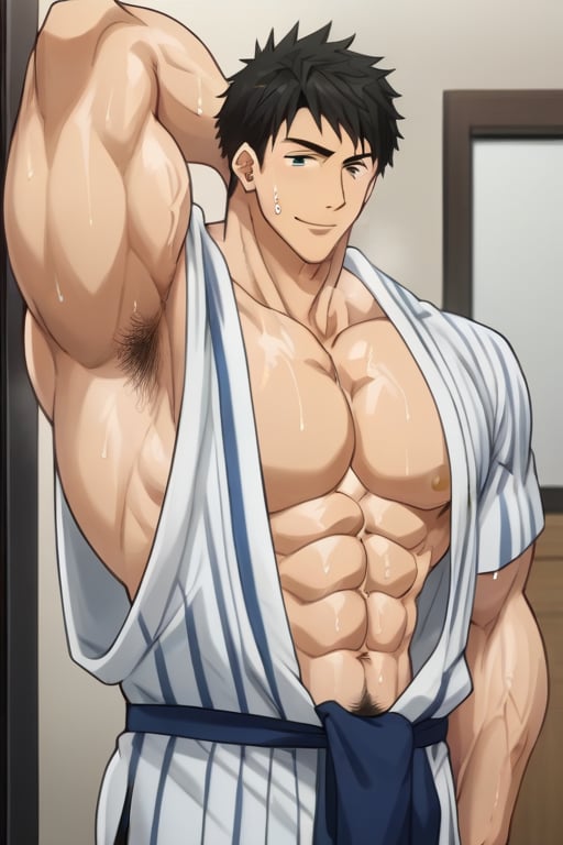 score_9_up, score_8_up, BREAK source_anime, anime screen cap, sexy pose, solo, sousuke_yamazaki, black hair, green eyes, ear piercing, pubic hair,sweat, big muscle, abs, bodybuilder, bushy armpit hair, sweaty, soft smirk, large pectorals, muscular, sexy, pecterals, abs, vein muscles, sweaty skin, hyper muscular male leaning on the floor with stretched legs, aroused face, tongue out, anime eyes, , wearing open yukata, pulling yukata, , Fundoshi, hyper bulge, in the Japanese room, wine bottle,masterpiece, best quality,4k, stubble