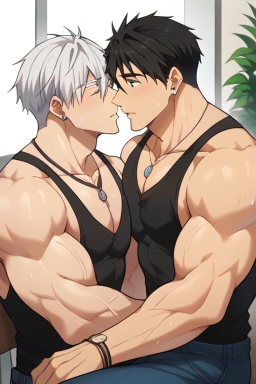 score_9, score_8_up, score_7_up, masterpiece, best quality, lots of details,body details, ((2men)), sousuke_yamazaki, black hair, green eyes, ear piercing, pubic hair,sweat, huge muscle, bodybuilder, sweaty, soft smirk, large pectorals, muscular, sexy, flirty, pecterals, vein muscles, wearing black tank top, male focus, open mouth,Gojo Satoru ,hair between eyes, white hair,short hair,blue eyes,colored eyelashes,thin, lean muscle, plump pectorals, vein muscles, necklace, bracelet,sitting in a restaurant, Kiss on the cheek, view from the side, bulge, man in a shirt and jeans flowers, summer, muscular difference, (sousuke_yamazaki more muscular than Gojo Satoru)