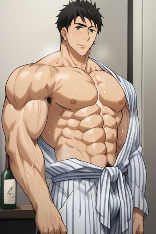 score_9_up, score_8_up, BREAK source_anime, anime screen cap, sexy pose, solo, sousuke_yamazaki, black hair, green eyes, ear piercing, pubic hair,sweat, big muscle, abs, bodybuilder, bushy armpit hair, sweaty, soft smirk, large pectorals, muscular, sexy, pecterals, abs, vein muscles, sweaty skin, hyper muscular male leaning on the floor with stretched legs, aroused face, tongue out, anime eyes, , wearing open yukata, pulling yukata, Fundoshi, hyper bulge, in the Japanese room, wine bottle,masterpiece, best quality,4k, stubble