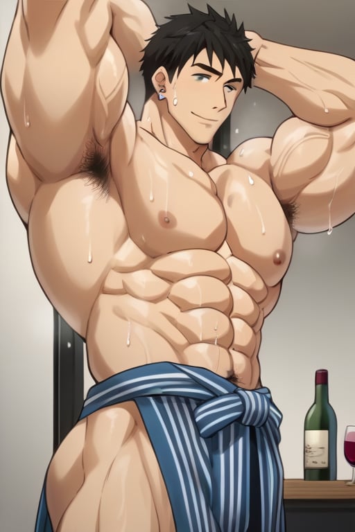 score_9_up, score_8_up, BREAK source_anime, anime screen cap, sexy pose, solo, sousuke_yamazaki, black hair, green eyes, ear piercing, pubic hair,sweat, big muscle, abs, bodybuilder, bushy armpit hair, sweaty, soft smirk, large pectorals, muscular, sexy, pecterals, abs, vein muscles, sweaty skin, hyper muscular male leaning on the floor with stretched legs, aroused face, tongue out, anime eyes, , wearing open yukata, pulling yukata, , Fundoshi, hyper bulge, in the Japanese room, wine bottle,masterpiece, best quality,4k, stubble