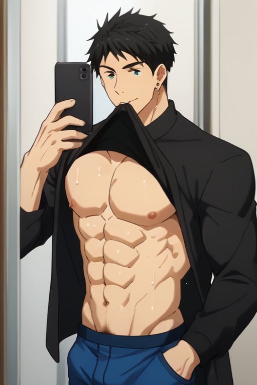 score_9_up, score_8_up, BREAK source_anime, anime screen cap, sexy pose, solo, sousuke_yamazaki, black hair, green eyes, ear piercing, pubic hair,sweat, big muscle, abs, bodybuilder, bushy armpit hair, sweaty, soft smirk, large pectorals, muscular, sexy, pecterals, abs, sexy, flirty, MALE FOCUS, HOLDING PHONE,NIPPLES ,SHIRT LIFT, CLOTHES LIFT, SELFIE ,BLACK JACKET ,BULGE PANTS ,MALE LARGE PECTORALS, BARECHESTED MALE ,OPEN JACKET ,HOLDING NAVEL ,OPEN CLOTHES SHIRT ,FULL BODY , HAND IN POCKET, SHOES ,CELLPHONE ,LIFTED BY SELF ,BARE PECTORALS, REFLECTION, MOUTH HOLD ,masterpiece, best quality , masterpiece, best quality,close up,cartoon