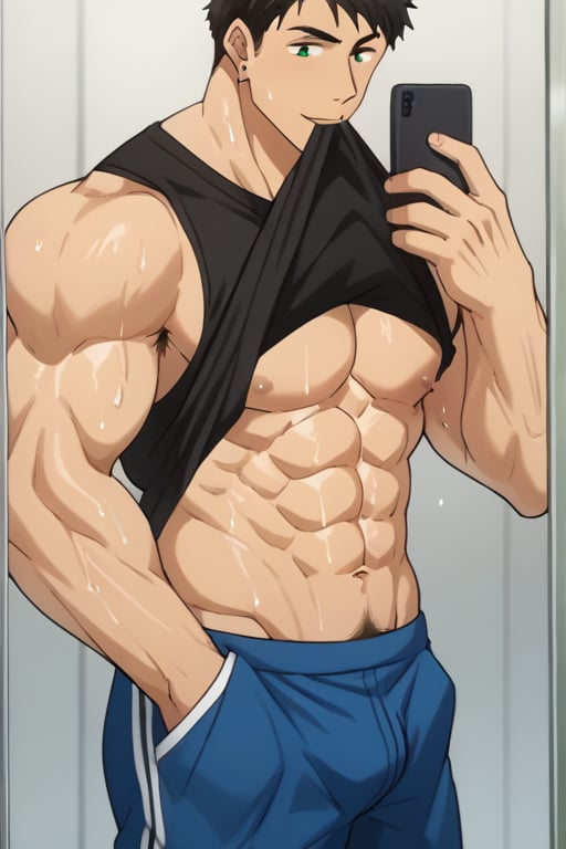 score_9_up, score_8_up, BREAK source_anime, anime screen cap, sexy pose, solo, sousuke_yamazaki, black hair, green eyes, ear piercing, pubic hair,sweat, big muscle, abs, bodybuilder, bushy armpit hair, sweaty, soft smirk, large pectorals, muscular, sexy, pecterals, abs, vein muscles, sweaty skin,oily skin,glistening skin, sexy, flirty, MALE FOCUS, HOLDING PHONE,NIPPLES ,SHIRT LIFT, CLOTHES LIFT, SELFIE ,BLACK tank shirt ,BULGE short ,MALE LARGE PECTORALS, BARECHESTED MALE ,OPEN tank shirt ,HOLDING NAVEL ,FULL BODY , HAND IN POCKET, SHOES ,CELLPHONE ,LIFTED BY SELF ,BARE PECTORALS, REFLECTION, MOUTH HOLD ,masterpiece, best quality , masterpiece, best quality,close up,cartoon