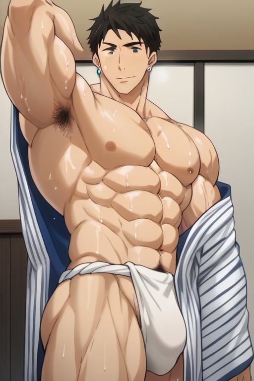 score_9_up, score_8_up, BREAK source_anime, anime screen cap, sexy pose, solo, sousuke_yamazaki, black hair, green eyes, ear piercing, pubic hair,sweat, big muscle, abs, bodybuilder, bushy armpit hair, sweaty, soft smirk, large pectorals, muscular, sexy, pecterals, abs, vein muscles, sweaty skin, hyper muscular male leaning on the floor with stretched legs, aroused face, tongue out, anime eyes, , wearing open yukata, pulling yukata, Fundoshi, hyper bulge, in the Japanese room, wine bottle,masterpiece, best quality,4k, stubble